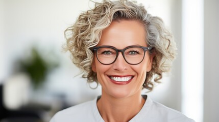 Smiling blonde adult woman with glasses showing a warm smile