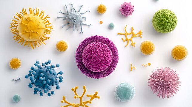 Detailed illustration showing various immune system cells including macrophages T cells B cells dendritic cells their functions and structures clean and simple design pure white background no text