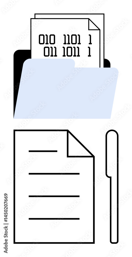 Poster open folder holding binary code documents, blank paper, and pen. ideal for data management, filing, 