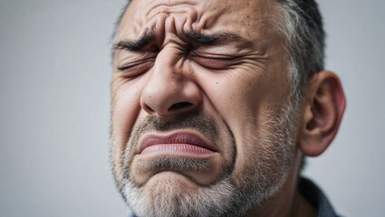 Fototapeta premium Close-up shows a man with furrowed brows and squinting eyes expressing disgust.