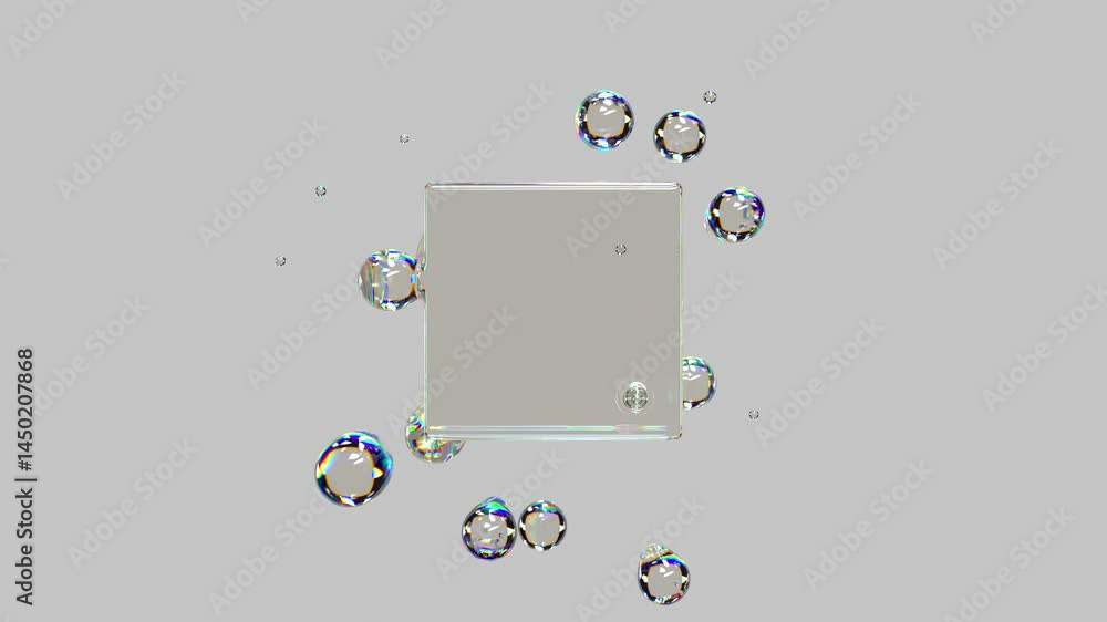 Poster metaball liquid transparent iridescent blobs with rotating cube. 3d rendering abstract multicolor mo