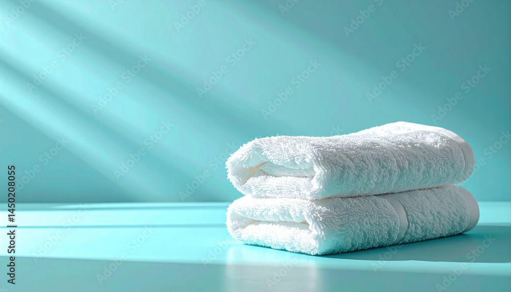 Poster towels stacked neatly on a turquoise table product photography minimalist environment calm viewpoint
