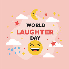 “World Laughter Day Greeting with Cute Emoji, Stars, and Moon – Cartoon Celebration Background”