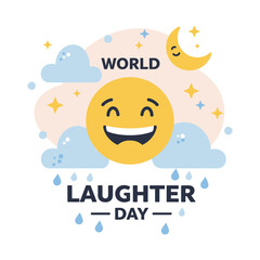 “World Laughter Day Greeting with Cute Emoji, Stars, and Moon – Cartoon Celebration Background”