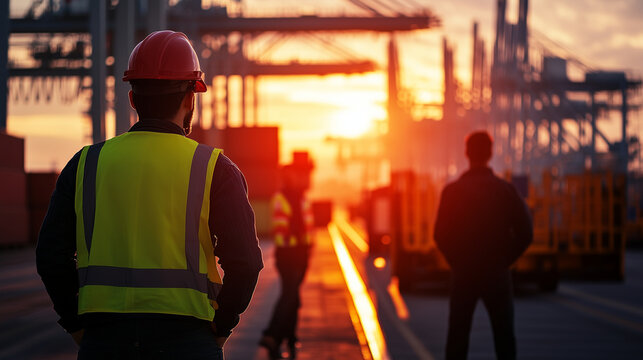 Workers in safety vests coordinating container offloading via massive dockside gantry cranes, sun blinding off steel structures
