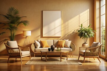 Silhouette Photography: Modern Beige Living Room, Rattan Furniture, Blank Canvas - Interior Design Inspiration