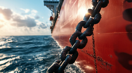 Close-up of gigantic winches and anchor chains on bow of oil tanker, metallic surfaces blazing in sunlight