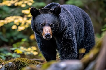 Fototapeta premium Majestic Black Bear Exploring Its Natural Habitat Surrounded by Lush Greenery and Vibrant Fall Foliage in a Forested Landscape