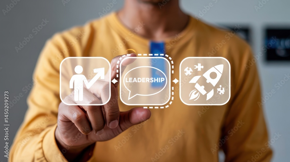 Poster a person interacts with leadership concepts displayed in a digital interface.