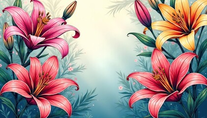 Intricate line art blooming lilies, continuous background , illustration, lilies, graphic design