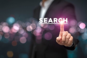 message for presentation, business, technology, innovation concept. Businessman touching screen with Search text on smart background expressing gratitude