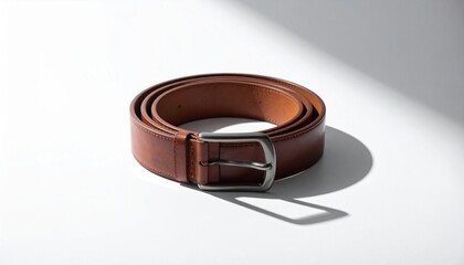 Stylish brown leather belt studio setting product photography minimalist environment close-up view fashion accessory concept