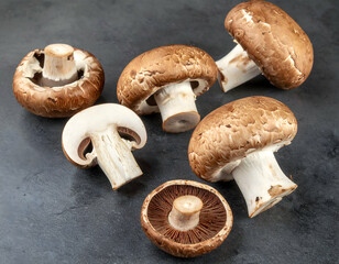 Fresh Brown Button Mushrooms On Dark Gray Background