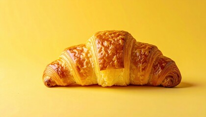 Delicious croissant pastry bright yellow background food photography studio setting close-up view culinary delight