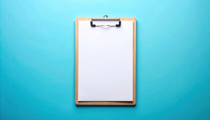 Creative workspace tools office blank clipboard on blue background professional environment aesthetic view minimalist concept