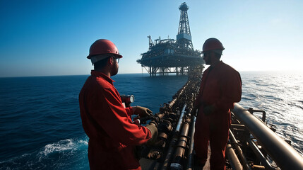 Obraz premium Workers performing maintenance on complex piping systems under clear blue sky, sprawling gas production platform backdrop