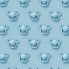 Light blue pacifiers in a repeating pattern on a light blue surface. Baby pacifier pattern for a baby product advertisement.