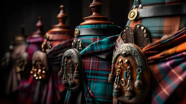 Row of kilt outfits featuring traditional sporrans and tartan patterns in muted lighting