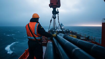 Crane operator lifting huge metal pipe sections onto main deck, ocean stretching into misty distance