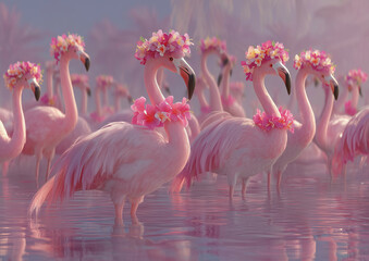 Naklejka premium a group of flamingos standing in the water with flowers in their beaks and in the water