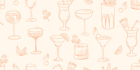 Seamless cocktail pattern with hand drawn drinks in pastel colors