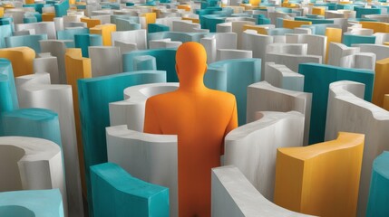 Fototapeta premium Person navigating a colorful maze made of abstract shapes during daytime, exploring a creative environment