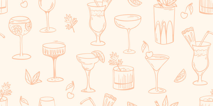 Seamless cocktail pattern with hand drawn drinks in pastel colors