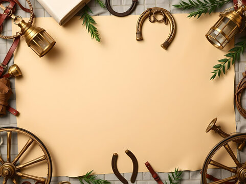 A cowboy frame made using wheels, lantern, leaves, leather belt and horse shoe on beige paper