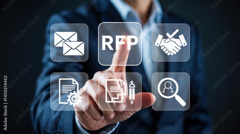 Poster businessman interacts with digital request for proposal interface.