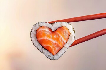 Creative sushi heart design with salmon held by chopsticks against a soft background