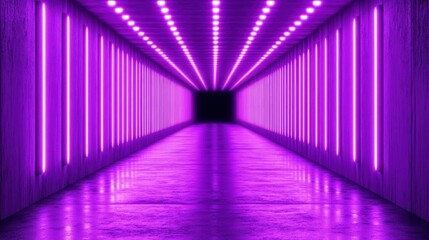 Purple neon lights illuminate a futuristic corridor