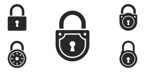 set of locks icon Silhouettes vector, Padlock icon collection. Locked and unlocked padlock in line and flat icon design. Vector illustration. Editable stroke, Simple black padlock icons set on white.