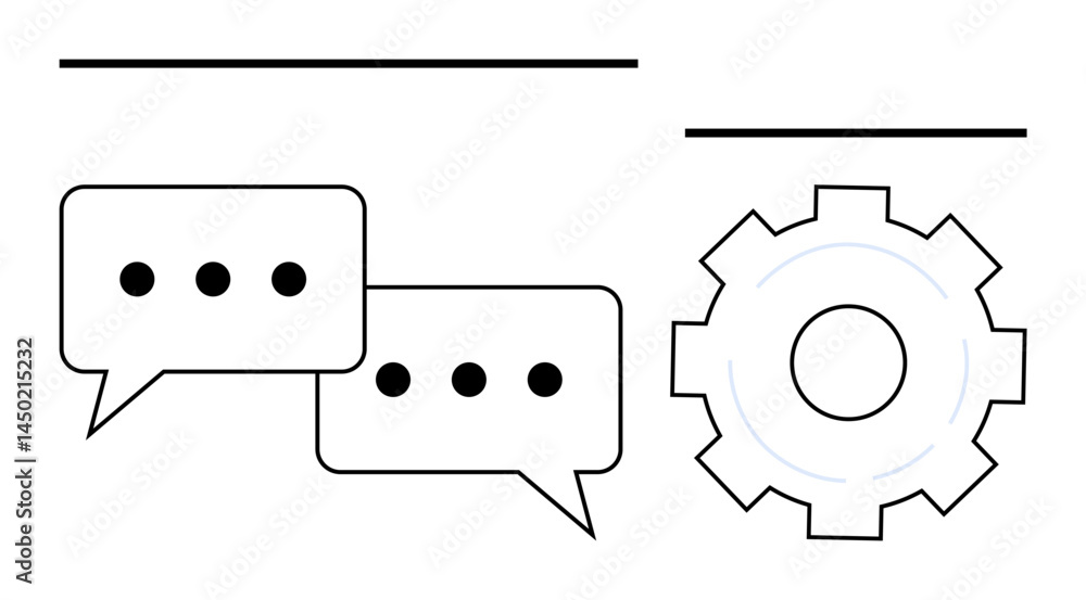 Poster two speech bubbles with ellipses and a gear emphasize interaction, teamwork, and problem-solving. id