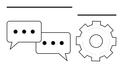 Two speech bubbles with ellipses and a gear emphasize interaction, teamwork, and problem-solving. Ideal for communication, strategy, cooperation, innovation, consulting, productivity simple landing