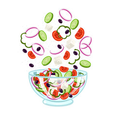 Greek salad with feta, tomato, onion, pepper, cucumber, olives, and oregano