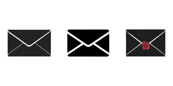 mail envelope icon, black email icon set silhouette vector illustration white background, Email icon Flat fill set collection, Approved message icons set in black filled and outlined style