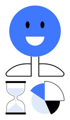 Smiling figure with hourglass and pie chart symbolizing time management and data analysis. Ideal for productivity, success, efficiency, analysis, planning, teamwork, goals. Flat simple metaphor