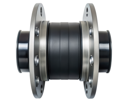Industrial rubber expansion joint with bolted metal flanges on a transparent background
