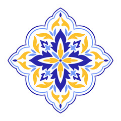 Mediterranean blue yellow floral motif on white background. Traditional ethnic Portuguese, Moroccan, Spanish ornament, mosaic design. Vector illustration