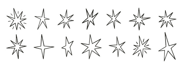 Stars crayon hand drawn set. Magic twinkle icons. Shine, spark or light chalk elements. Line sketch various sparkles. Doodle black glitter sparks. Vector illustration