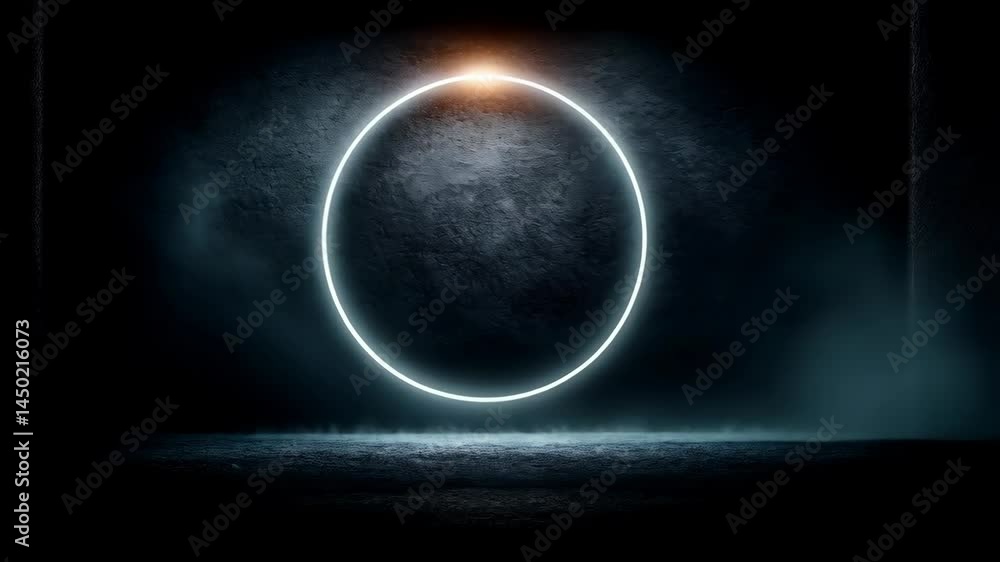 Poster abstract glowing white circle on a dark concrete wall with subtle smoke effects hovering above the r