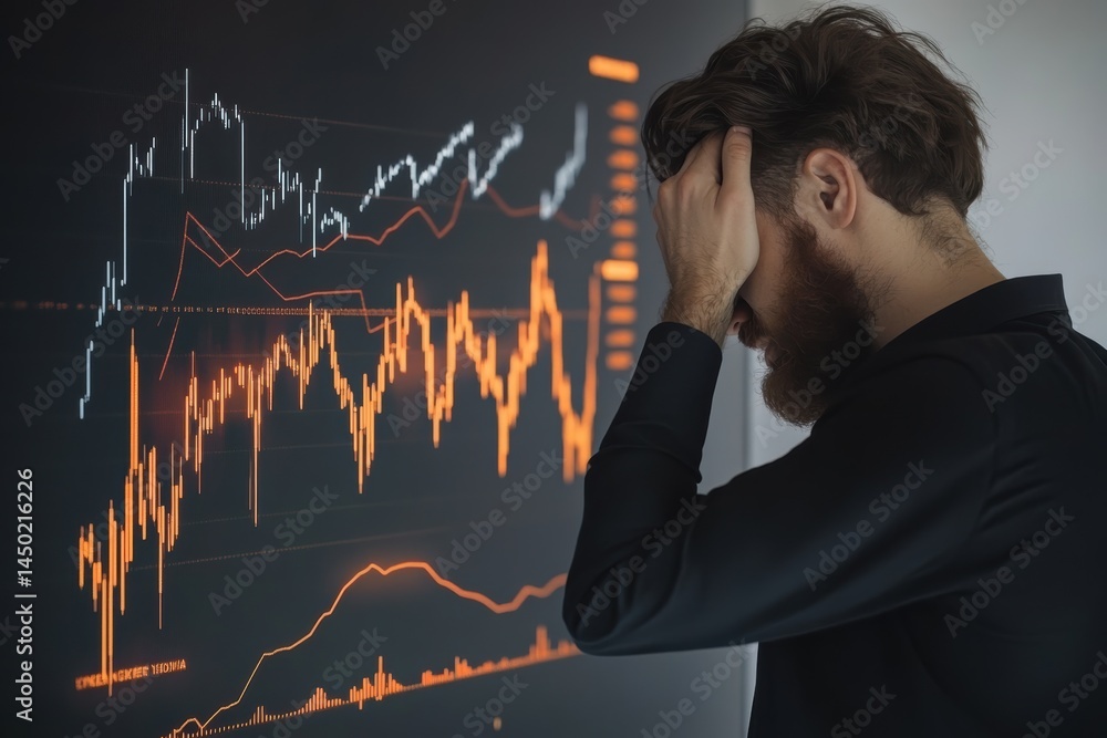 Poster man stresses over financial data displayed on a screen in an office environment