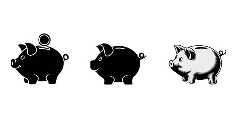 Obraz premium piggy bank and coins, Piggy bank icon Flat simple outline set, Piggy bank icons. stroke line and black solid icons, Piggy bank vectors icons set in filled and strokes on white background, Flat Design.