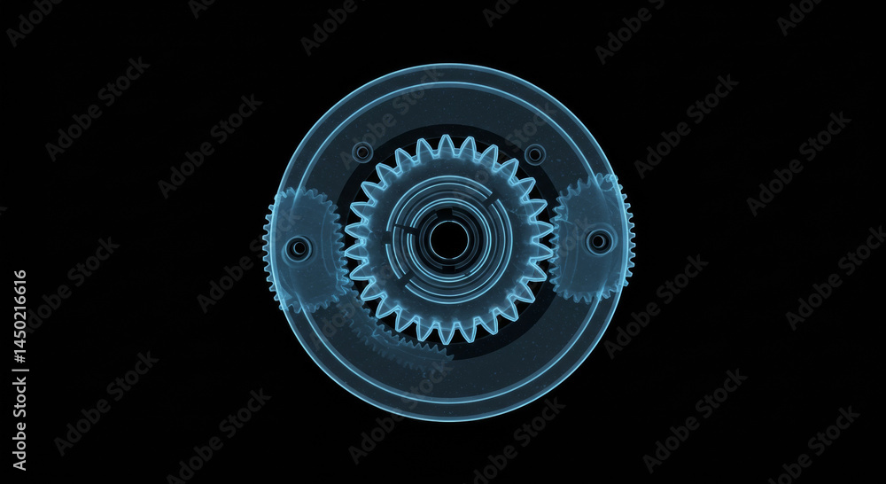 Poster x-ray view of complex gear system in a mechanical device. intricate gear system in an isolated, digi