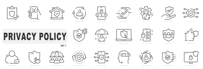 Set of privacy policy related line icons. Protection, shield, datum etc. Editable stroke