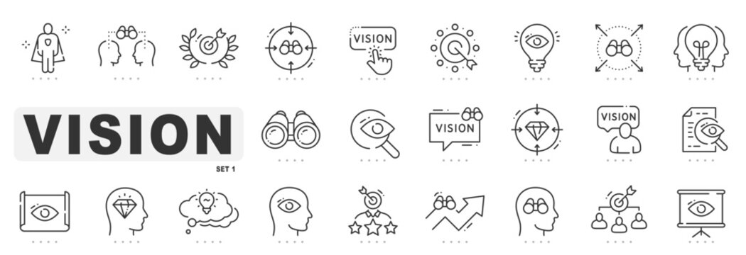Set of vision related line icons. Eye, look, binocular etc. Editable stroke