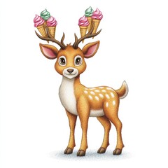 Adorable Brown Deer with Pink and Mint Ice Cream Cones on Antlers