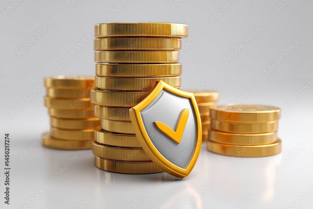 Poster stacked golden coins with shield symbolizing security and wealth