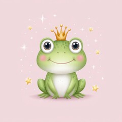 Adorable Cartoon Frog Prince in Golden Crown on Pink Background