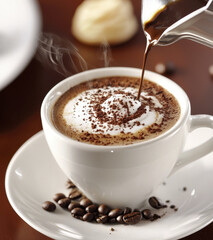 Steaming cup of coffee topped with frothy cream and cocoa powder, surrounded by coffee beans, evokes warmth and comfort